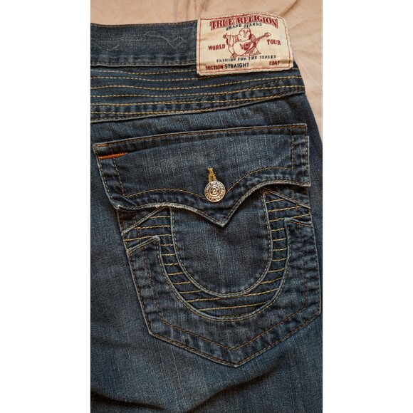 True Religion Men's Blue Jeans Size 40 (41x32) Straight Leg Cut Wide Cuff Denim - Picture 7 of 15